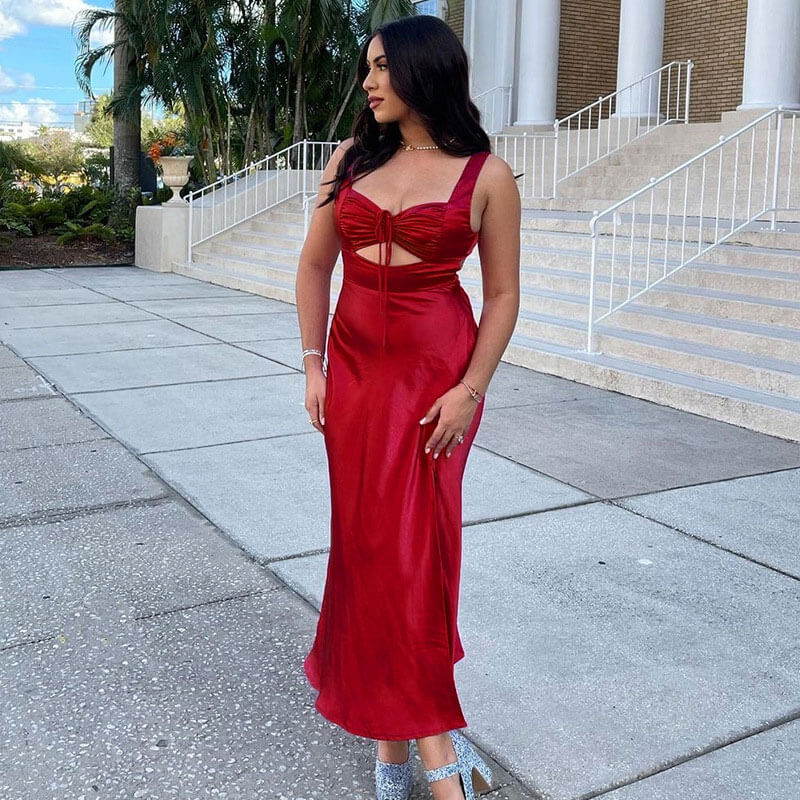 Red Ruched Bust Drawstring Cutout Satin High Slit Maxi Dress
