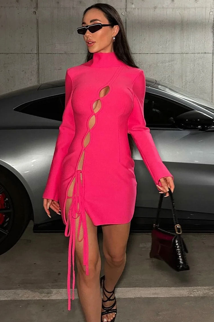 Hot Pink High Neck Long Sleeve Lace-Up Cutout Bodycon Mini Dress