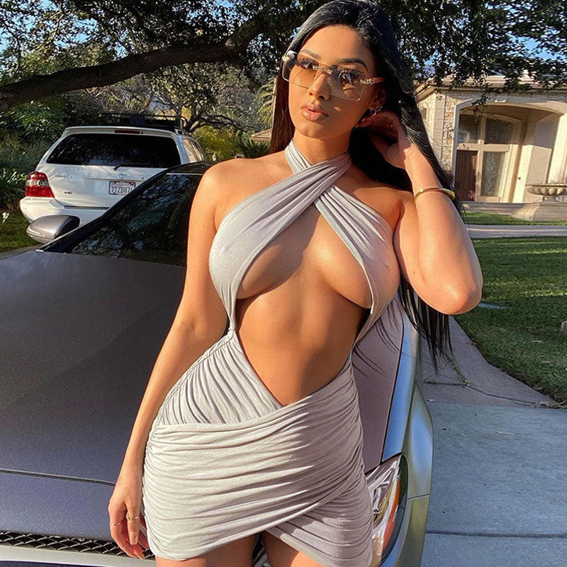 Gray Cross Front Halter Neck Cutout Ruched Bodycon Mini Dress