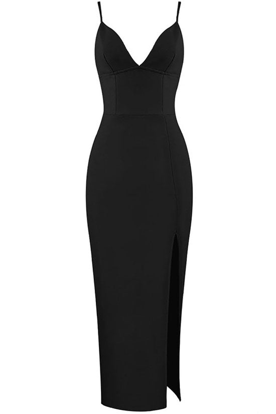 Black Spaghetti Strap Deep V-Neck Front Slit Bodycon Midi Dress
