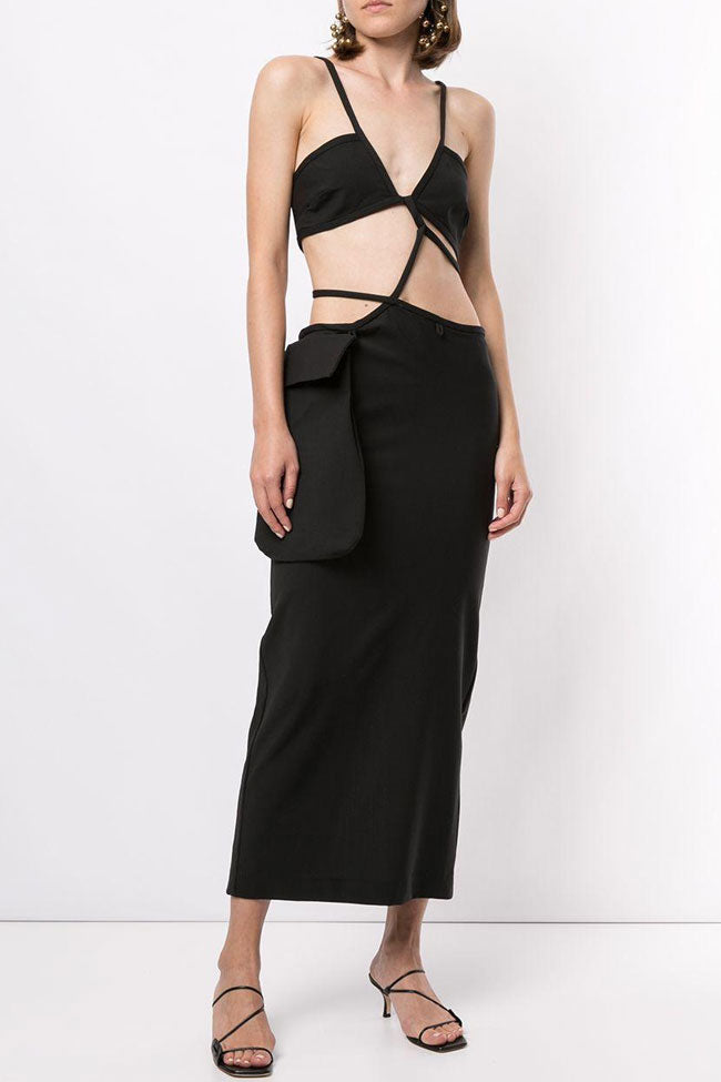 Black Spaghetti Strap Triangle Cutout Strappy Bodycon Maxi Dress