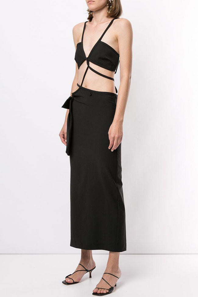 Black Spaghetti Strap Triangle Cutout Strappy Bodycon Maxi Dress