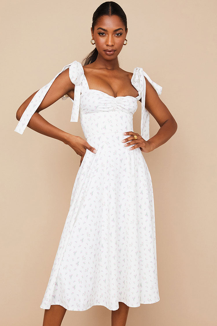 Red Sweetheart Tie Strap Ditsy Floral High Slit Fit Flare Midi Dress
