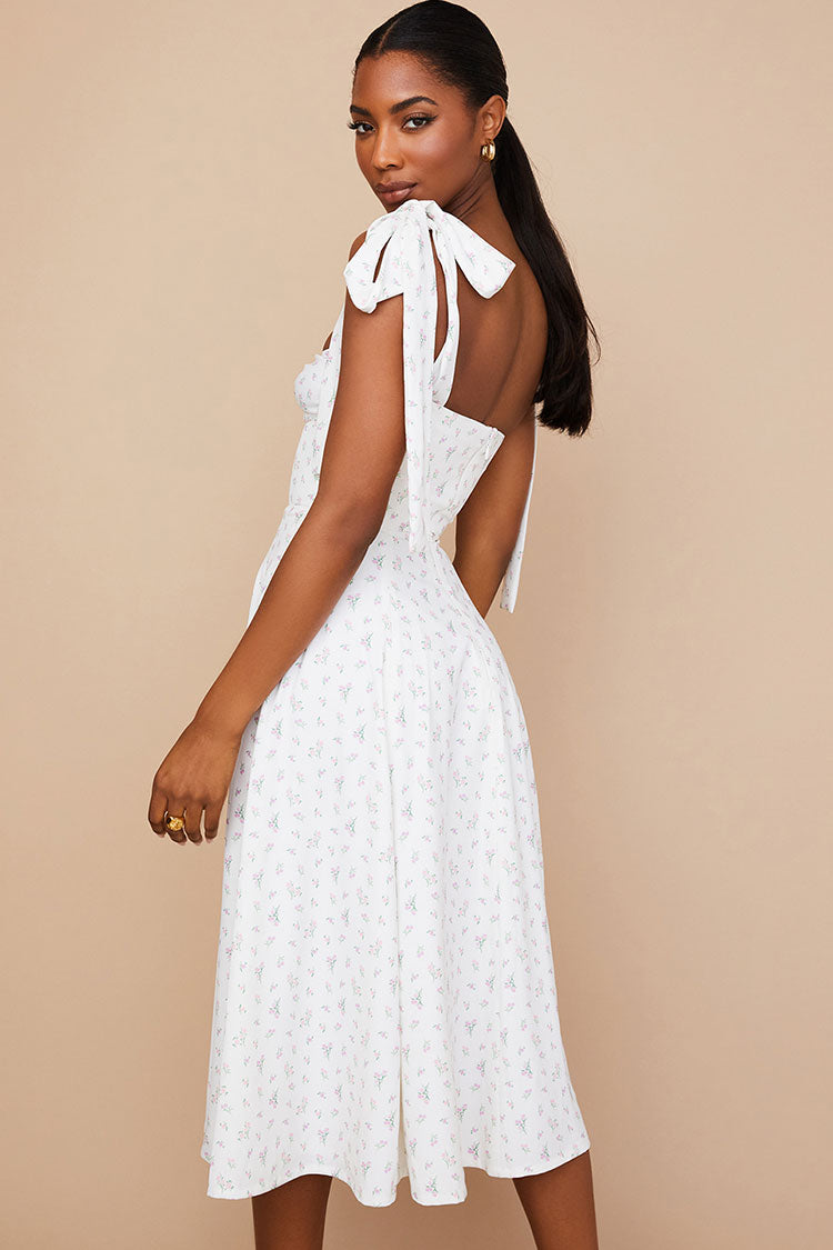 Red Sweetheart Tie Strap Ditsy Floral High Slit Fit Flare Midi Dress