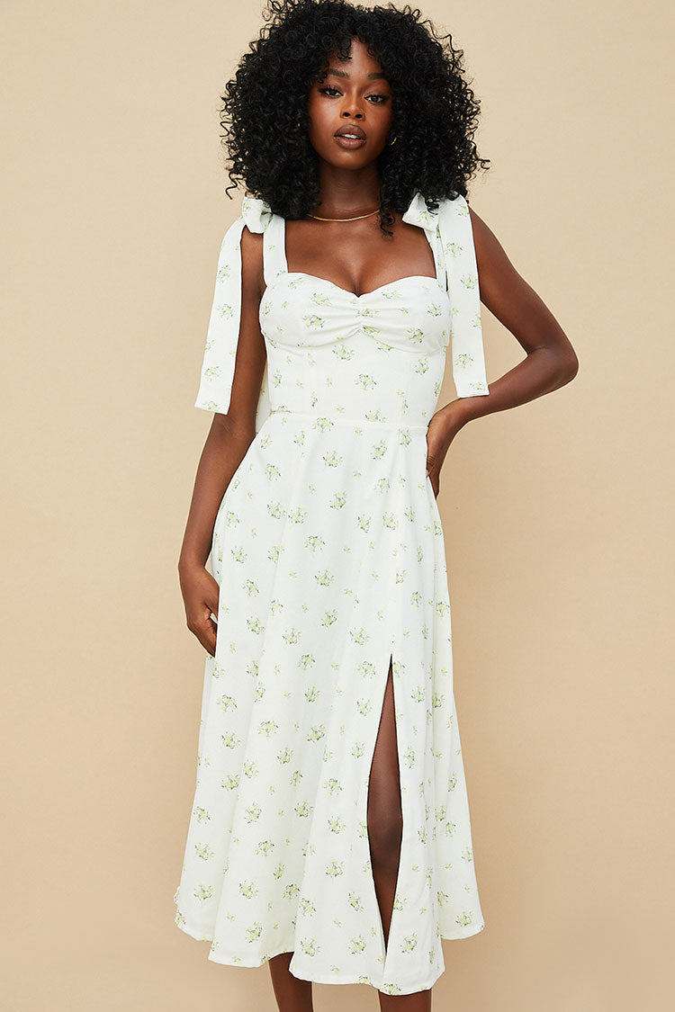 Yellow Sweetheart Tie Strap Ditsy Floral High Slit Fit Flare Midi Dress