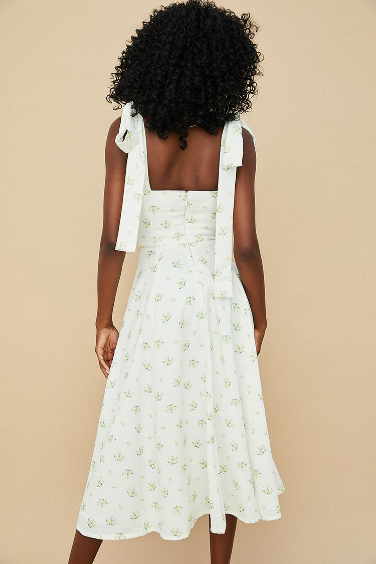 Yellow Sweetheart Tie Strap Ditsy Floral High Slit Fit Flare Midi Dress 3