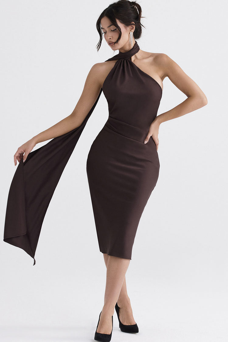 Chocolate Halter Neck Tie Draped Ruched Backless Satin Bodycon Midi Dress