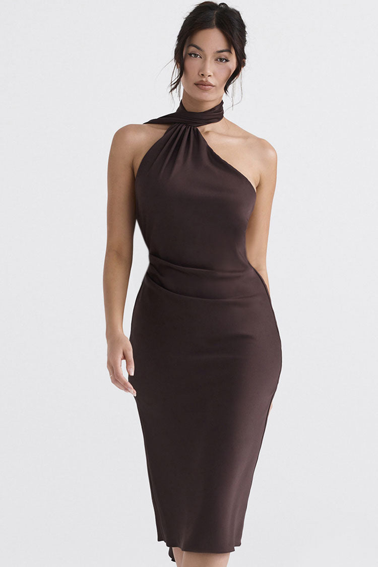 Chocolate Halter Neck Tie Draped Ruched Backless Satin Bodycon Midi Dress