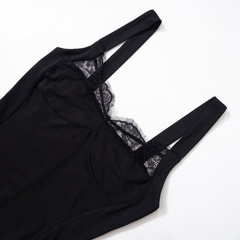 Black Sweetheart Lace Panel Trim Sleeveless Bodycon Midi Dress