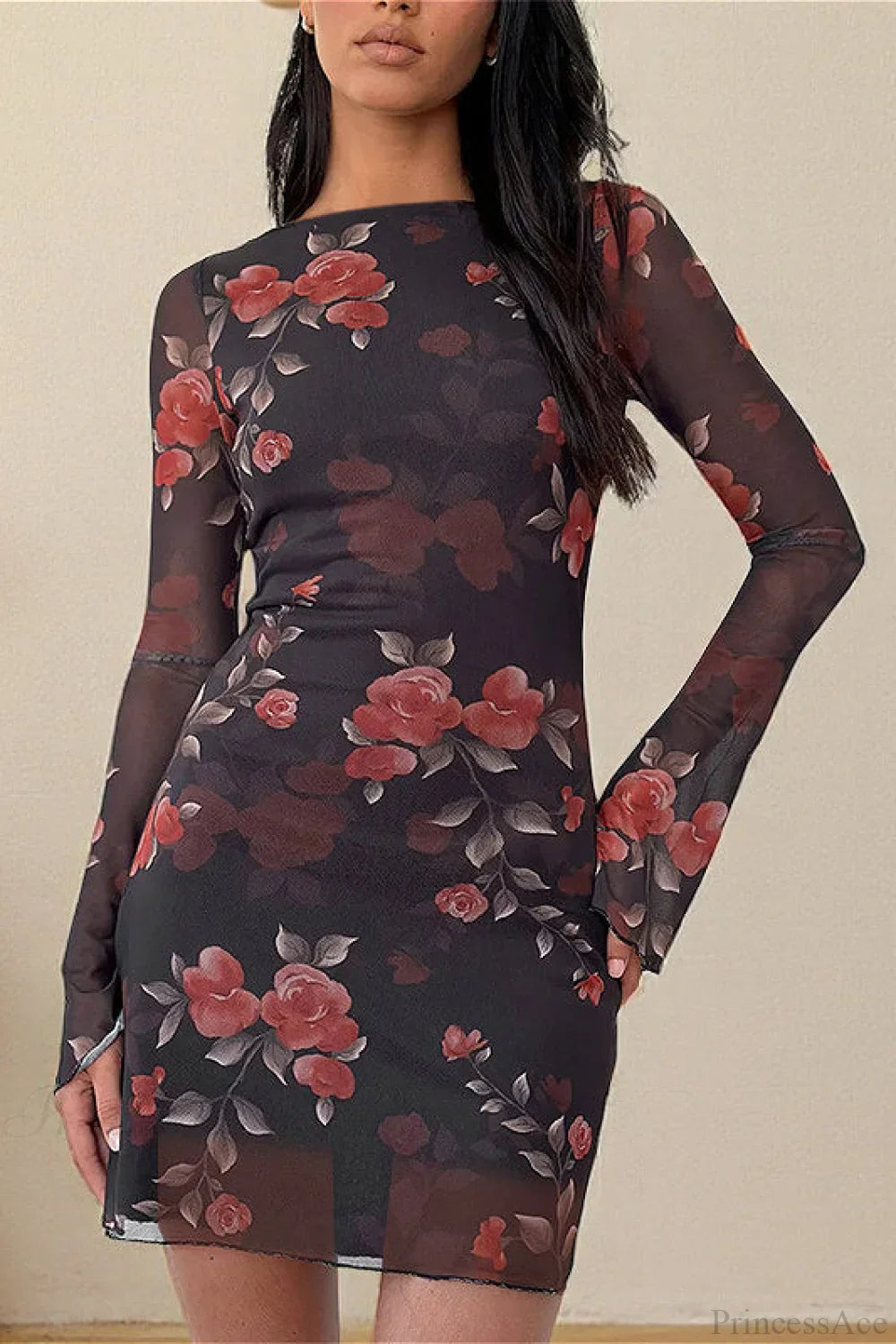 Sexy Floral Tulle Fitted Mini Dress Black / S