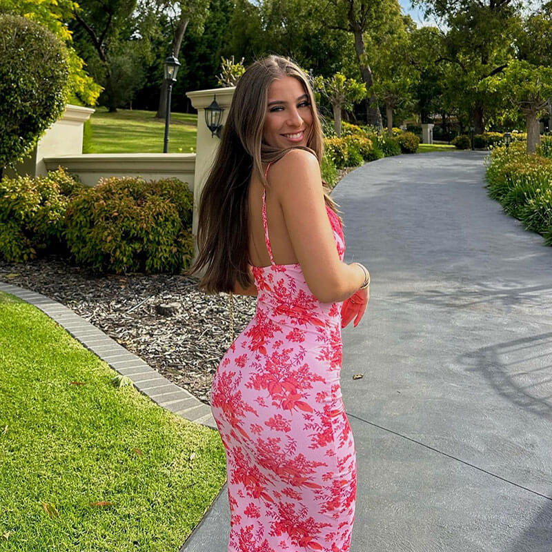 Pink Floral Lace Trim V-Neck Spaghetti Strap Bodycon Midi Dress 3