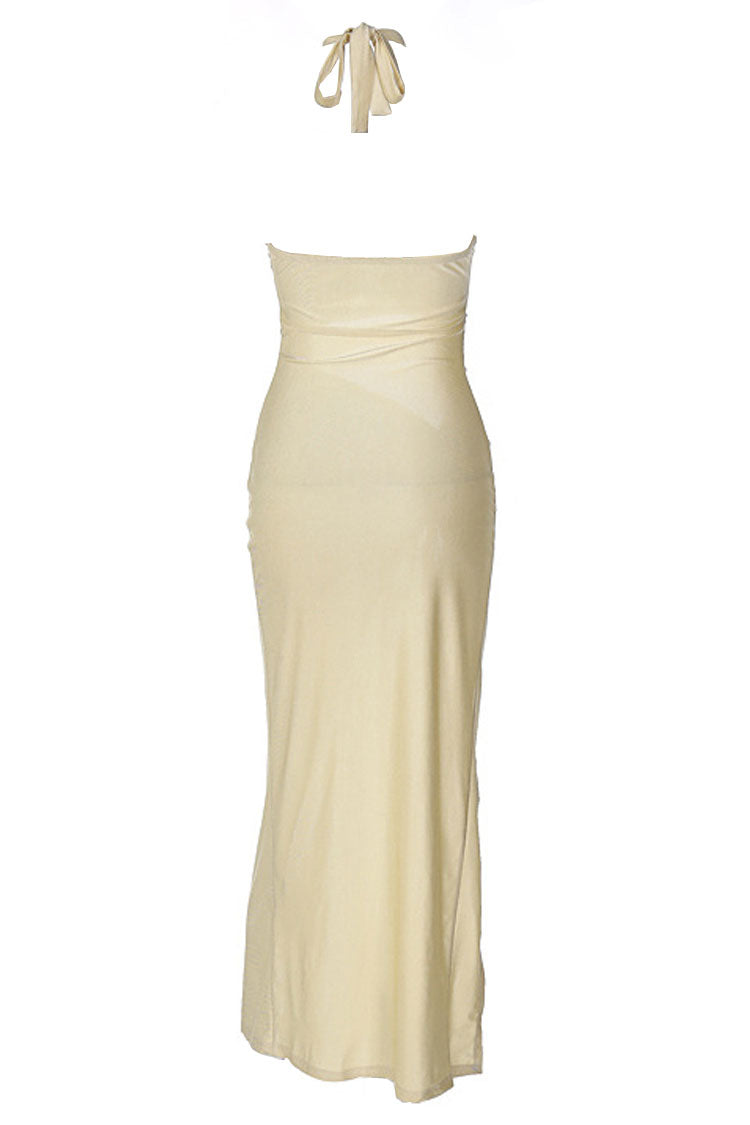 Apricot Halter Double O-Ring Cutout Ruched High Slit Bodycon Midi Dress