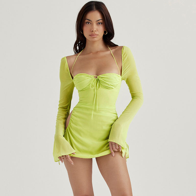 Green Halter Tie Front Off Shoulder Long Sleeve Ruched Bodycon Mini Dress