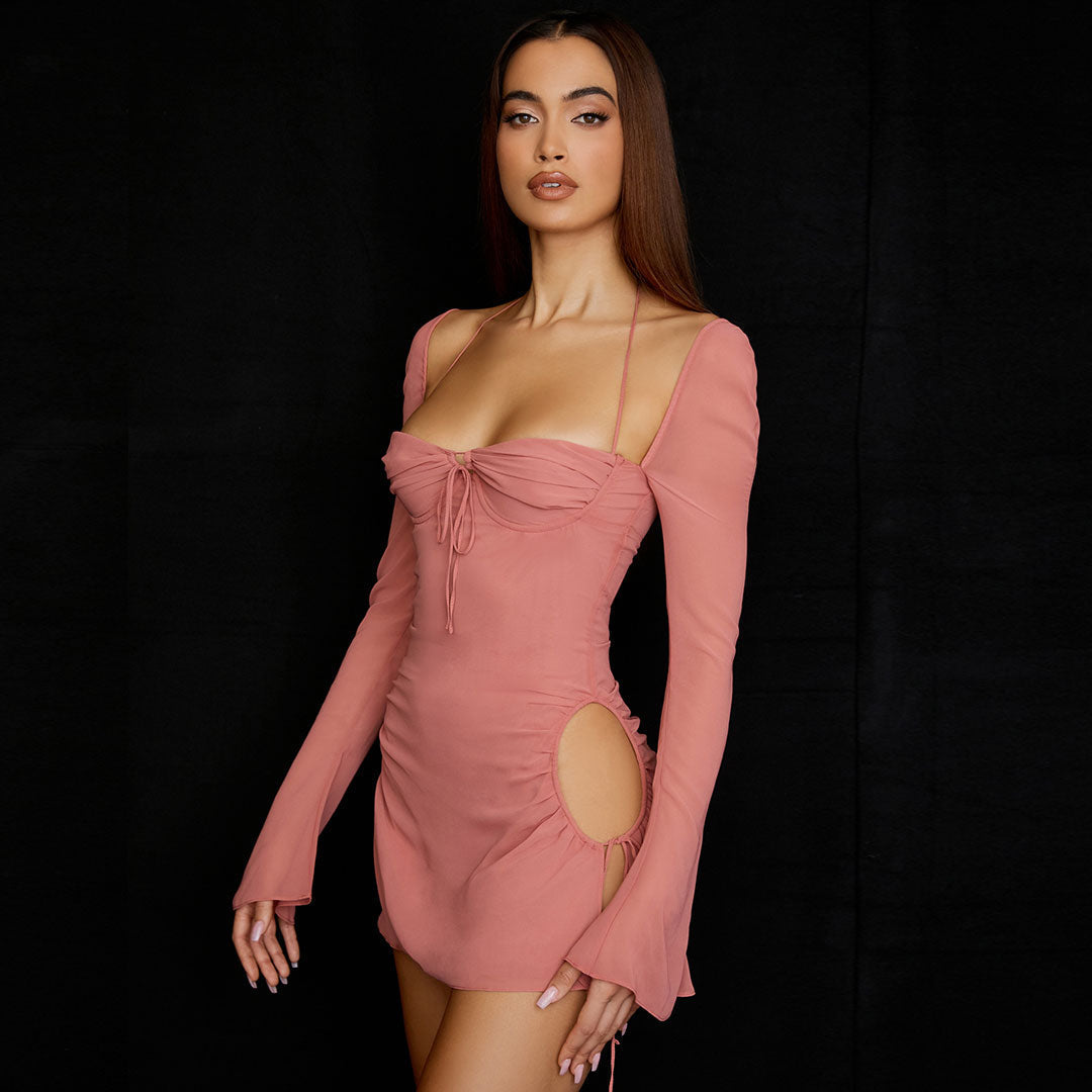 Pink Halter Tie Front Off Shoulder Long Sleeve Ruched Bodycon Mini Dress