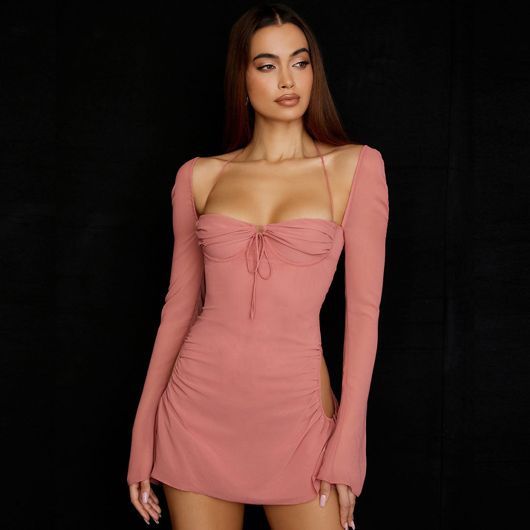 Pink Halter Tie Front Off Shoulder Long Sleeve Ruched Bodycon Mini Dress