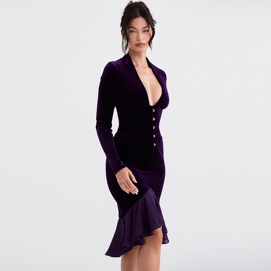 Purple Plunge V-Neck Velvet Button Front Long Sleeve Ruffle Hem Midi Dress