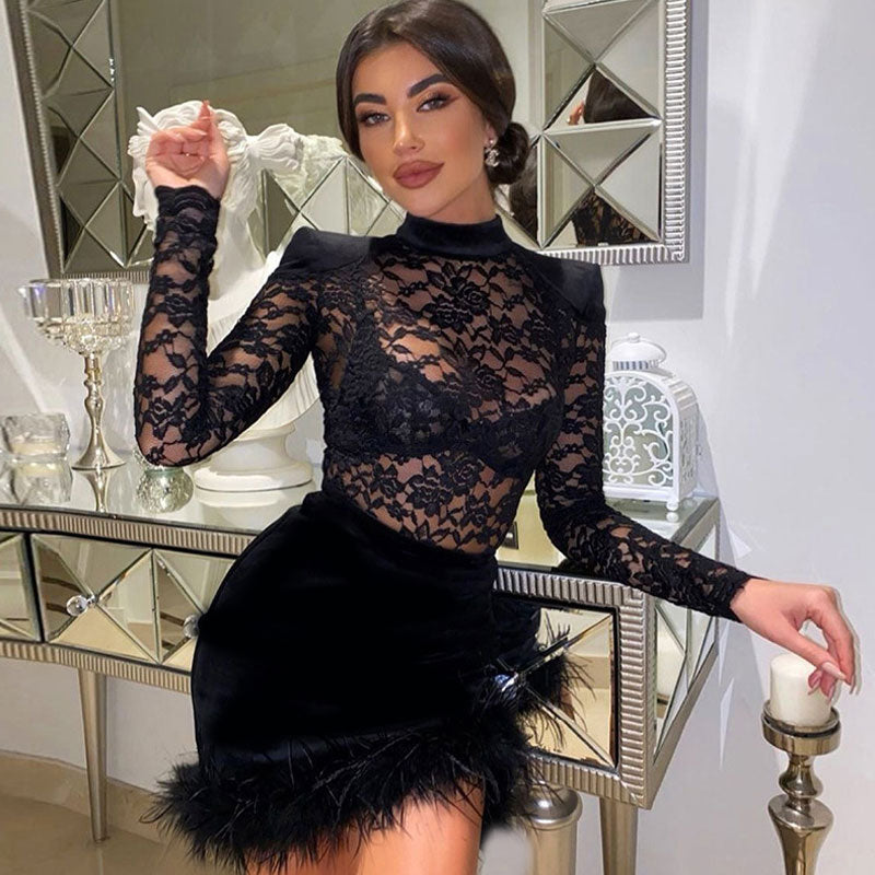 Black High Neck Long Sleeve Floral Lace Feather Trim Mini Dress