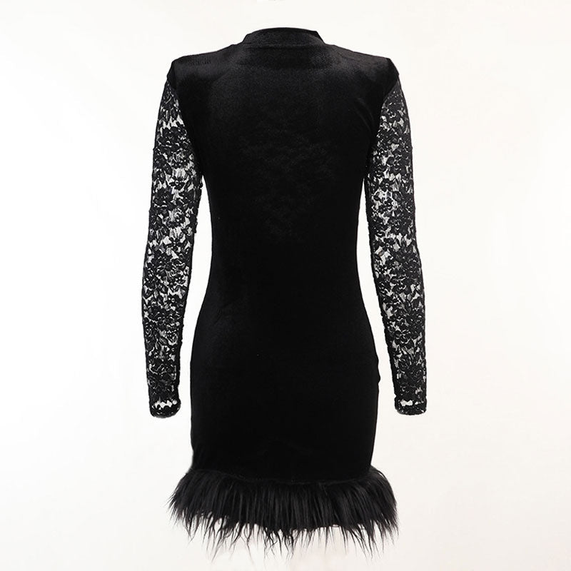 Black High Neck Long Sleeve Floral Lace Feather Trim Mini Dress