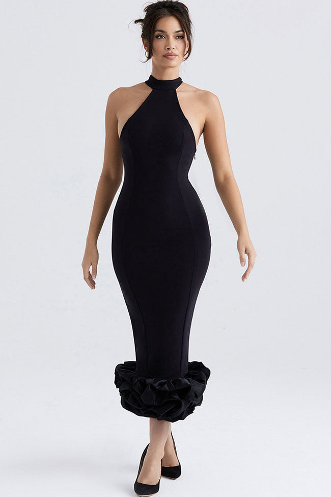 Black Halter High Neck Sleeveless Ruffle Hem Bodycon Midi Dress