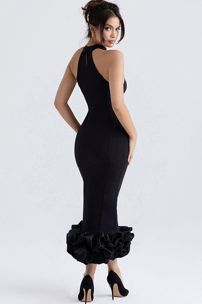 Black Halter High Neck Sleeveless Ruffle Hem Bodycon Midi Dress