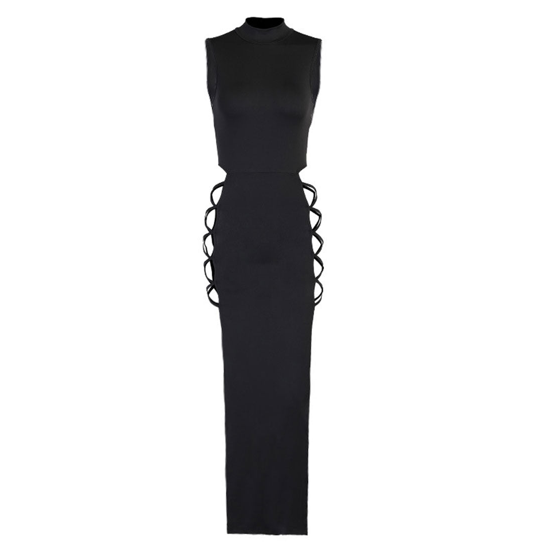 Black High Neck Sleeveless Lace-Up Cutout High Slit Bodycon Maxi Dress