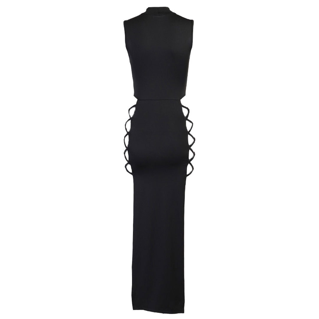 Black High Neck Sleeveless Lace-Up Cutout High Slit Bodycon Maxi Dress