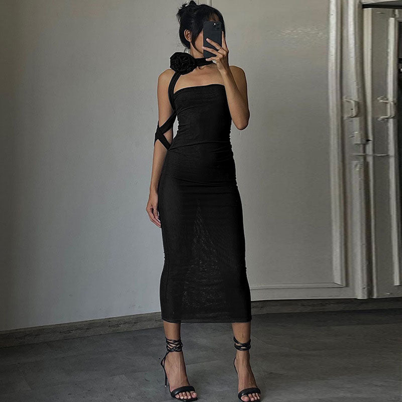 Black Strapless Floral Choker Ruched Mesh Bodycon Midi Dress