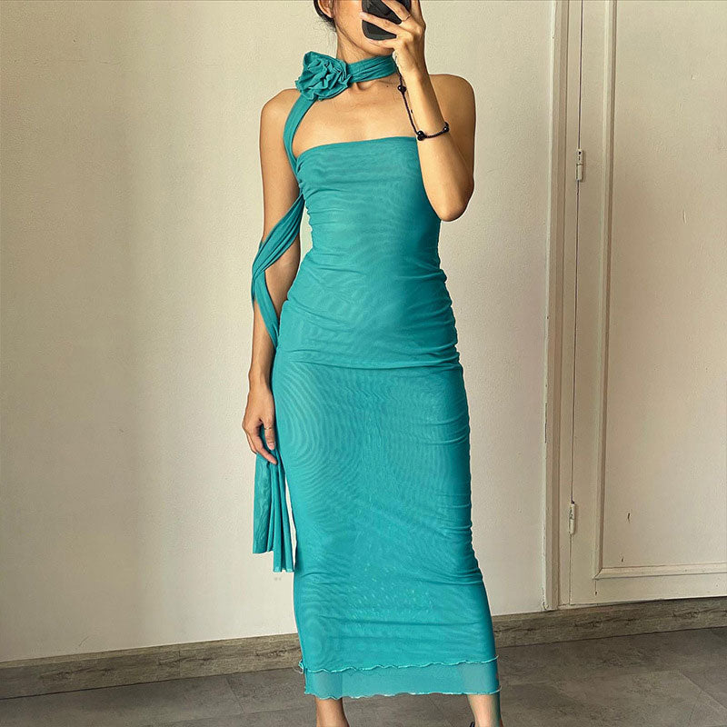 Turquoise Strapless Floral Choker Ruched Mesh Bodycon Midi Dress 2