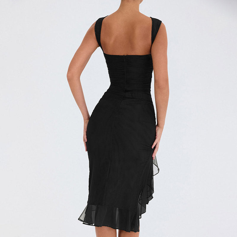 Black Crew Neck Sleeveless Ruched Mesh Ruffle Hem Bodycon Midi Dress 3