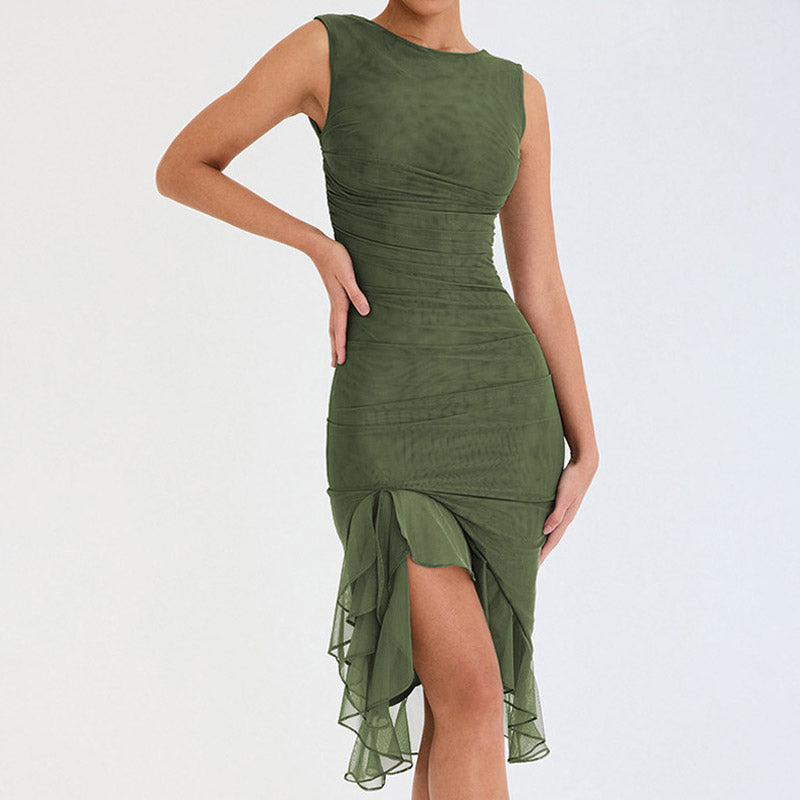 Army Green Crew Neck Sleeveless Ruched Mesh Ruffle Hem Bodycon Midi Dress