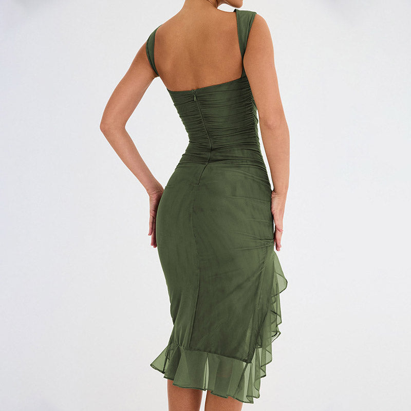 Army Green Crew Neck Sleeveless Ruched Mesh Ruffle Hem Bodycon Midi Dress
