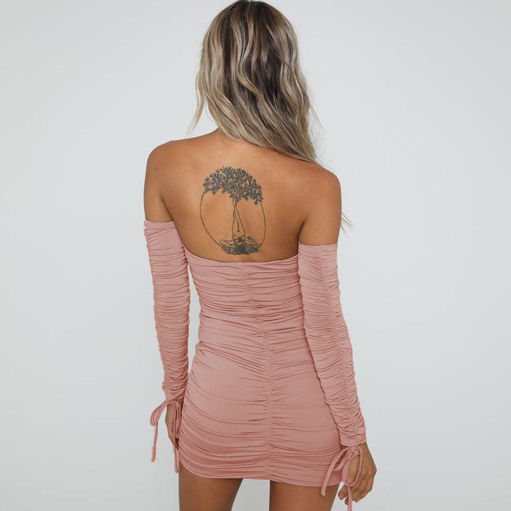 Pink Off-Shoulder Long Sleeve Tie Front Ruched Bodycon Mini Dress