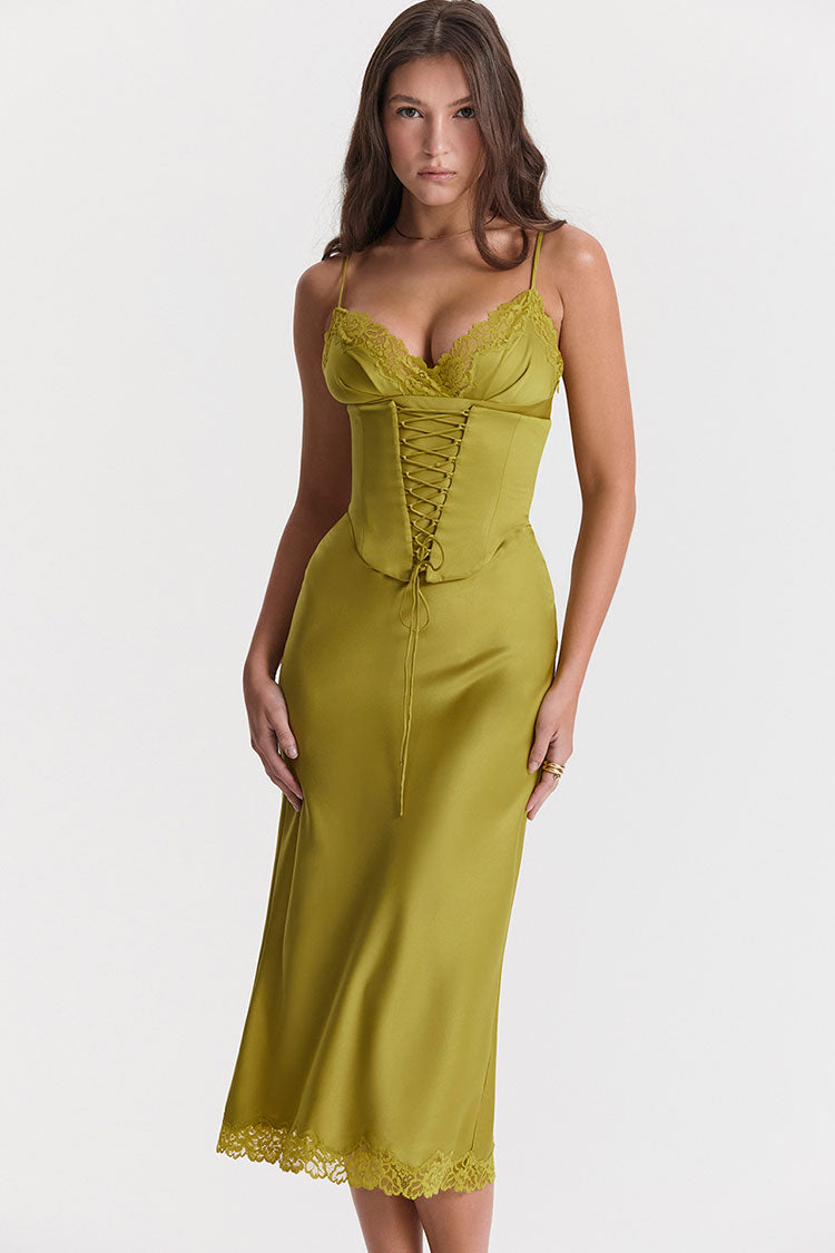 Chartreuse Spaghetti Strap V-Neck Lace Up Corset Satin Slip Midi Dress