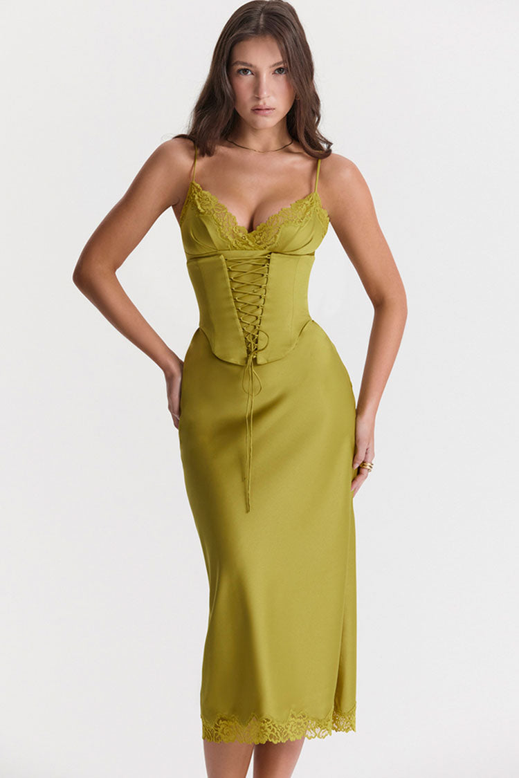 Chartreuse Spaghetti Strap V-Neck Lace Up Corset Satin Slip Midi Dress
