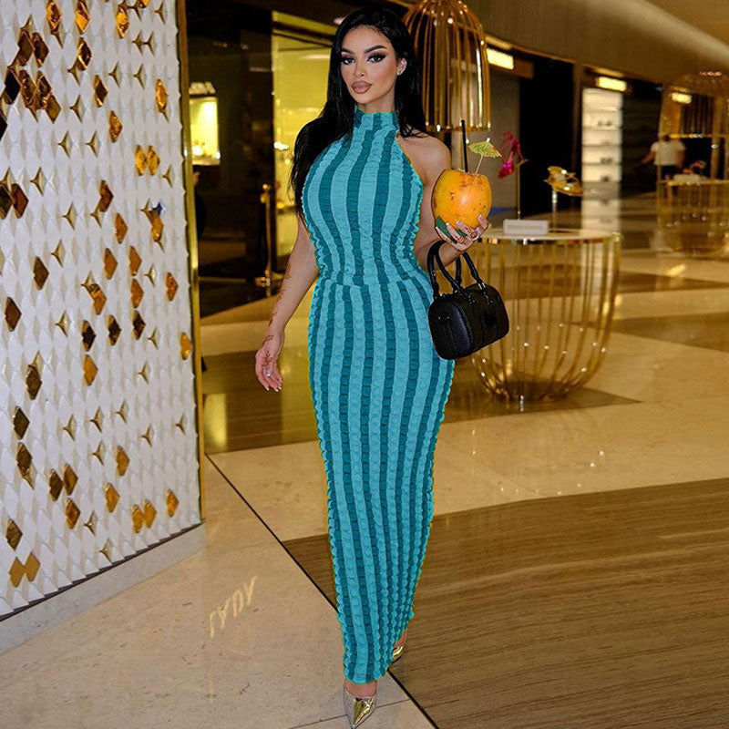 Blue High Neck Sleeveless Textured Popcorn Stripe Bodycon Maxi Dress