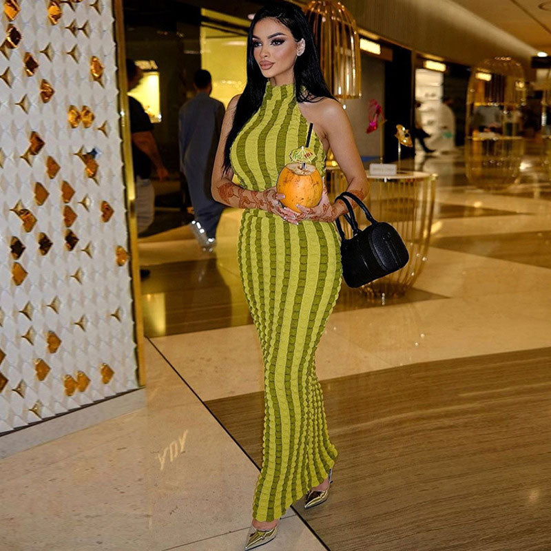 Green High Neck Sleeveless Textured Popcorn Stripe Bodycon Maxi Dress