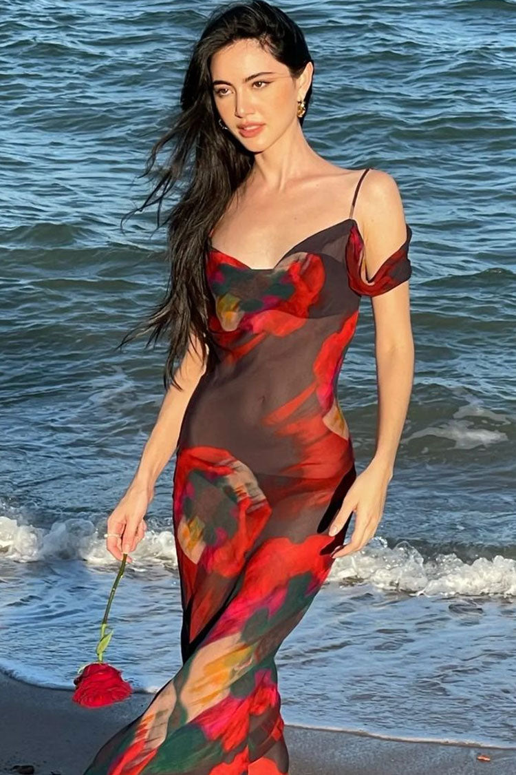 Red Cold Shoulder Strap Sheer Chiffon Floral Print Mermaid Maxi Dress
