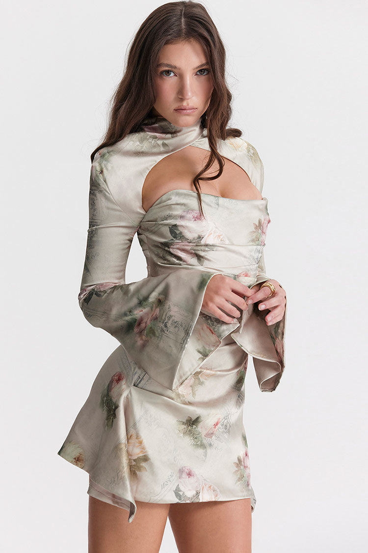 Floral High Neck Cutout Long Sleeve Floral Satin Ruched Bodycon Mini Dress