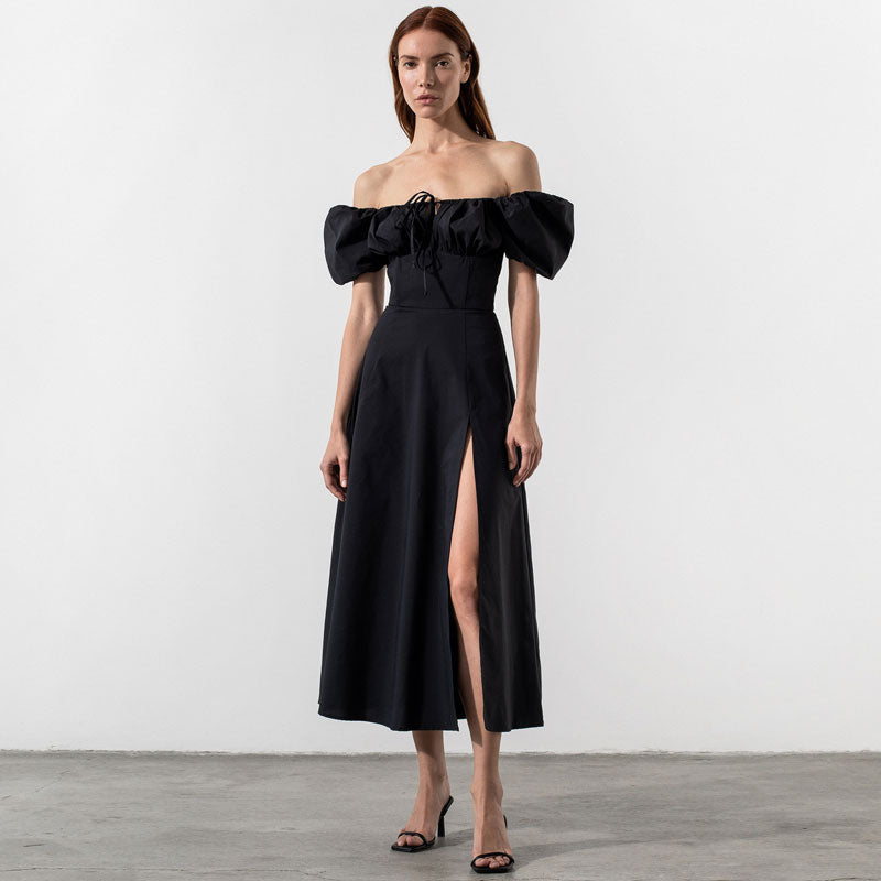Black Off-Shoulder Puff Sleeve Tie Front High Slit A-Line Midi Dress