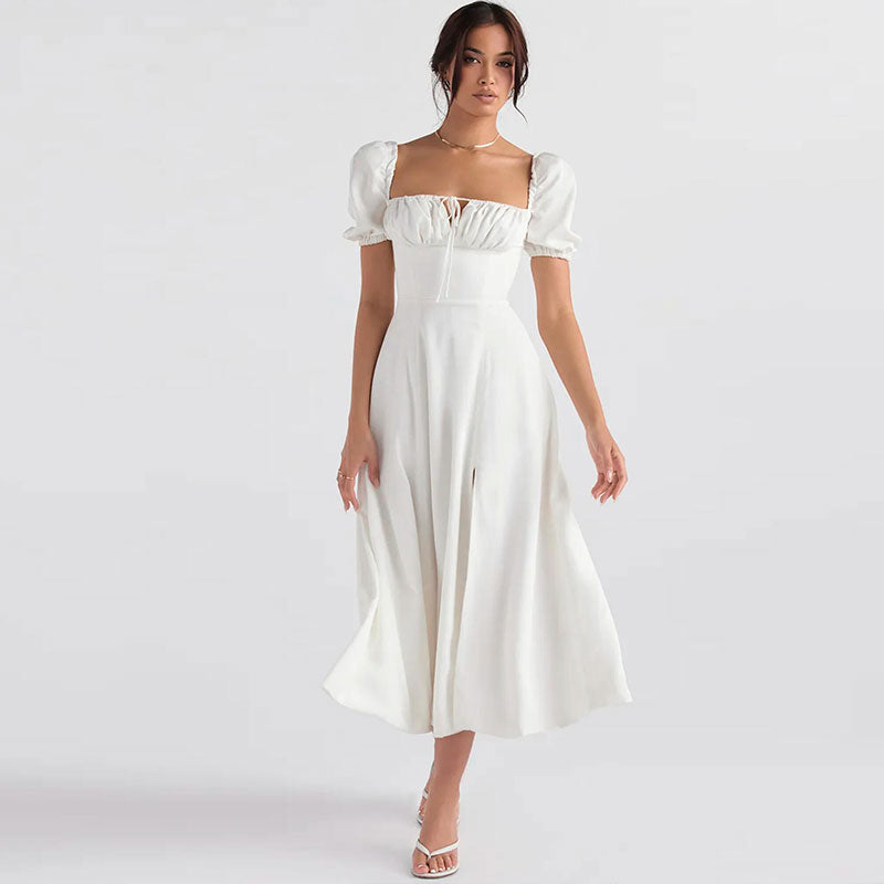 White Square Neck Puff Sleeve Tie Front High Split A-Line Midi Dress