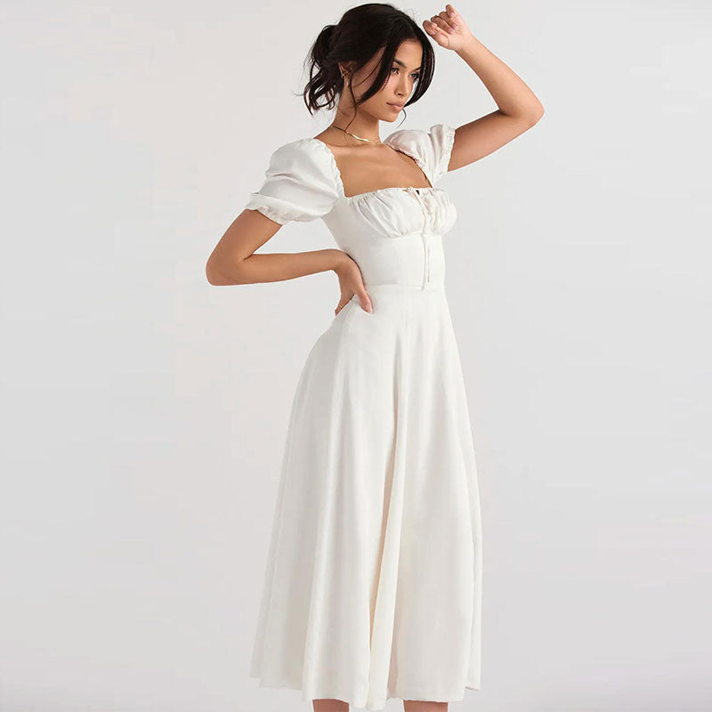 White Square Neck Puff Sleeve Tie Front High Split A-Line Midi Dress