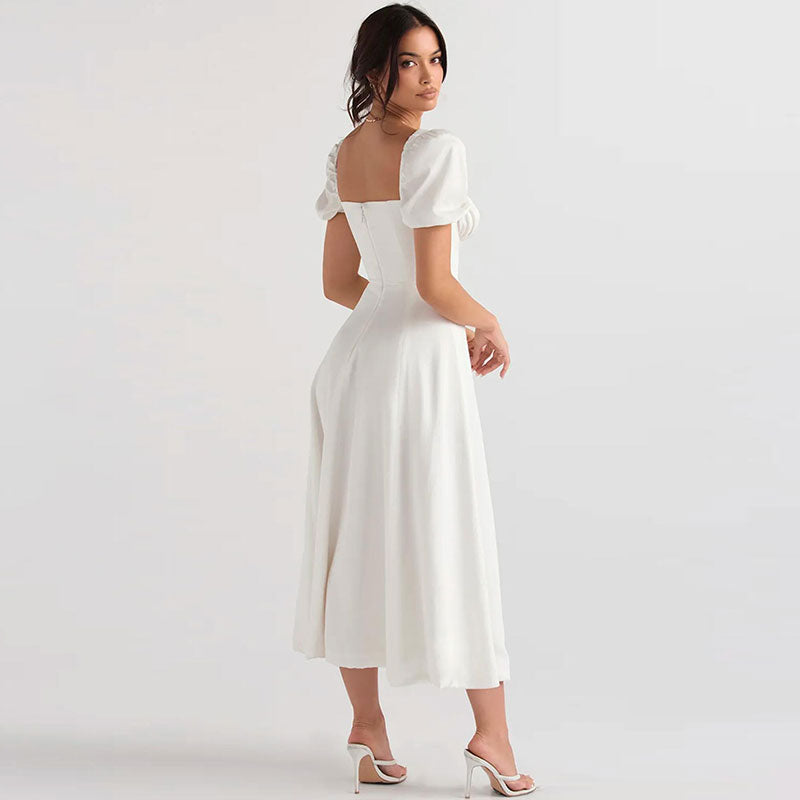 White Square Neck Puff Sleeve Tie Front High Split A-Line Midi Dress