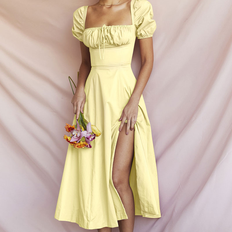 Yellow Square Neck Puff Sleeve Tie Front High Split A-Line Midi Dress