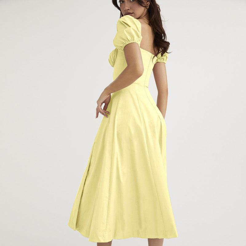 Yellow Square Neck Puff Sleeve Tie Front High Split A-Line Midi Dress