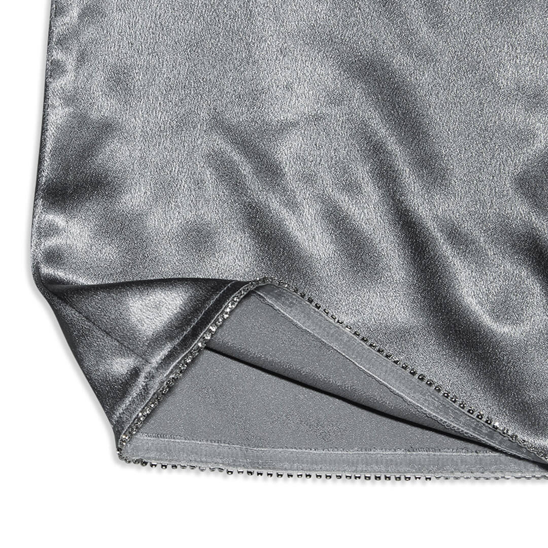 Gray Rhinestone Trim V-Neck Satin Spaghetti Strap Bodycon Slip Mini Dress