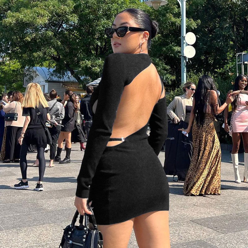 Black Ribbed Long Sleeve Backless Cutout Bodycon Mini Dress