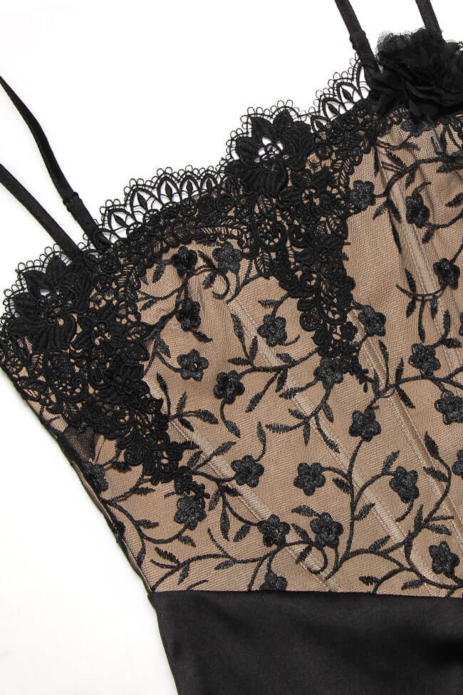 Black Spaghetti Strap Lace Corset Rosette Satin Slip Bodycon Midi Dress