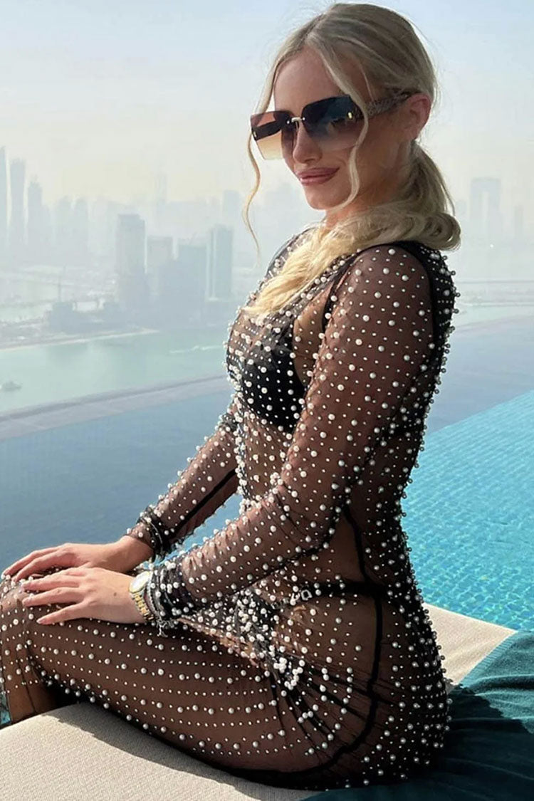 Black Round Neck Long Sleeve Pearl Embellished Split Sheer Mesh Maxi Dress