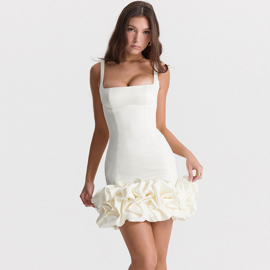 White Square Neck Sleeveless Ruffle Hem Bodycon Mini Dress