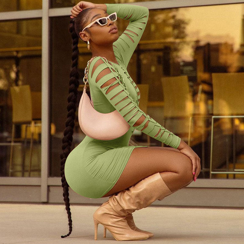 Green Crew Neck Ladder Cut Out Long Sleeve Bodycon Mini Dress